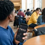 Étudiant consultant des suggestions de connaissances dans une cafétéria universitaire.