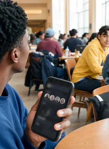 Étudiant consultant des suggestions de connaissances dans une cafétéria universitaire.