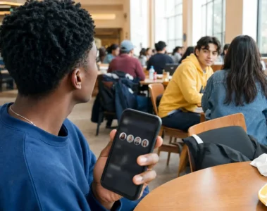 Étudiant consultant des suggestions de connaissances dans une cafétéria universitaire.