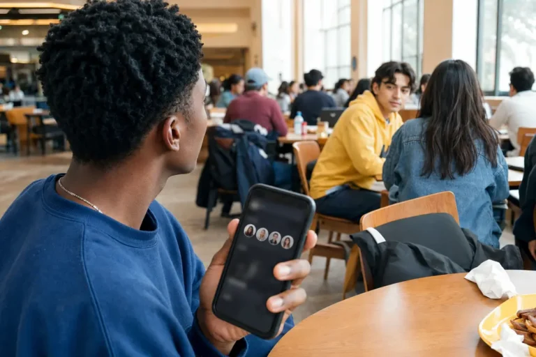Étudiant consultant des suggestions de connaissances dans une cafétéria universitaire.