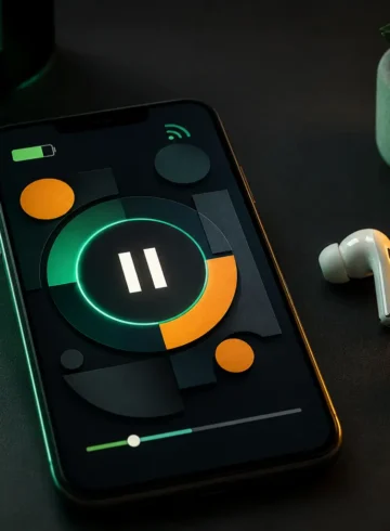 Smartphone affichant un symbole pause près d’écouteurs sans fil