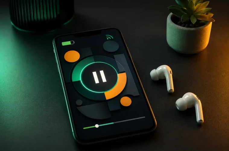 Smartphone affichant un symbole pause près d’écouteurs sans fil