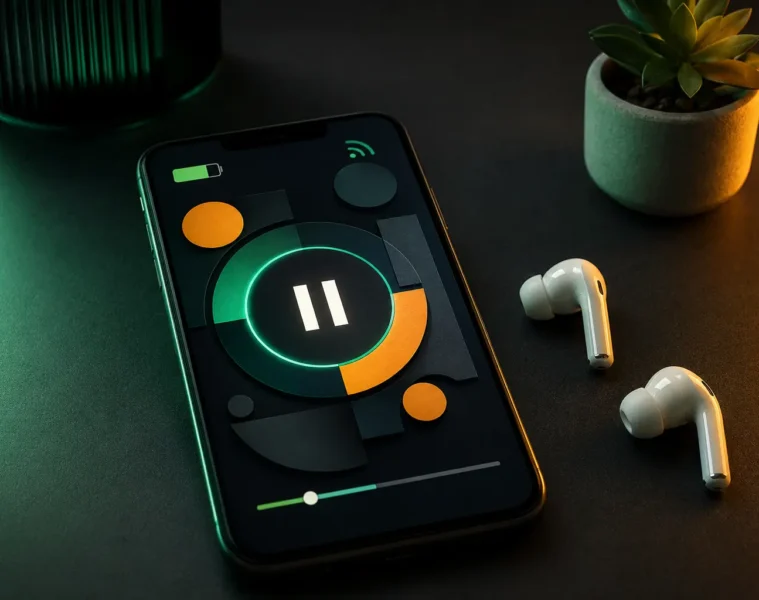 Smartphone affichant un symbole pause près d’écouteurs sans fil