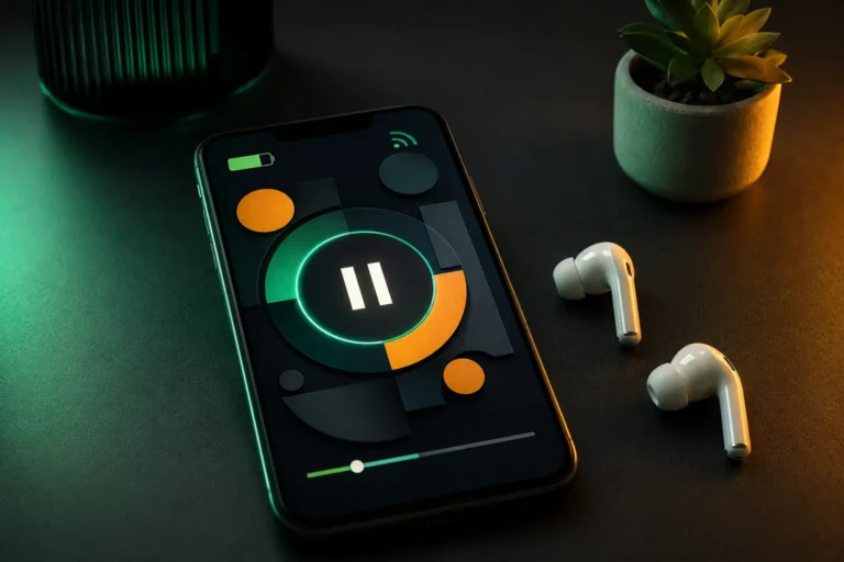 Smartphone affichant un symbole pause près d’écouteurs sans fil