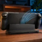 Arrière d’une console portable avec flux d’air visible autour des grilles