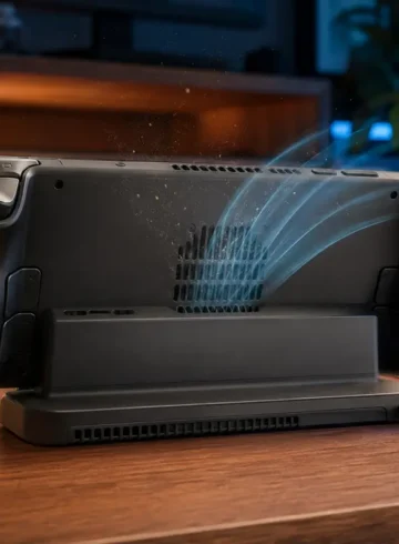 Arrière d’une console portable avec flux d’air visible autour des grilles
