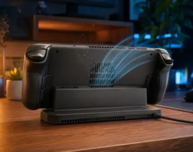 Arrière d’une console portable avec flux d’air visible autour des grilles