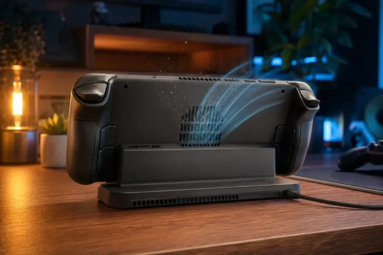 Arrière d’une console portable avec flux d’air visible autour des grilles
