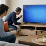 Couple vérifiant le câble d’antenne d’une télévision non programmée.