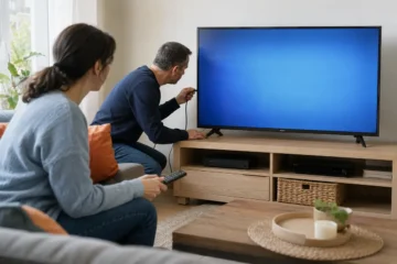 Couple vérifiant le câble d’antenne d’une télévision non programmée.
