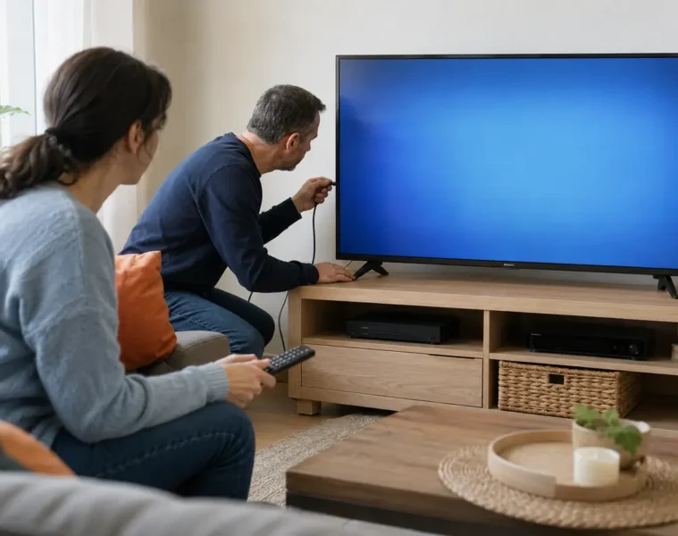 Couple vérifiant le câble d’antenne d’une télévision non programmée.