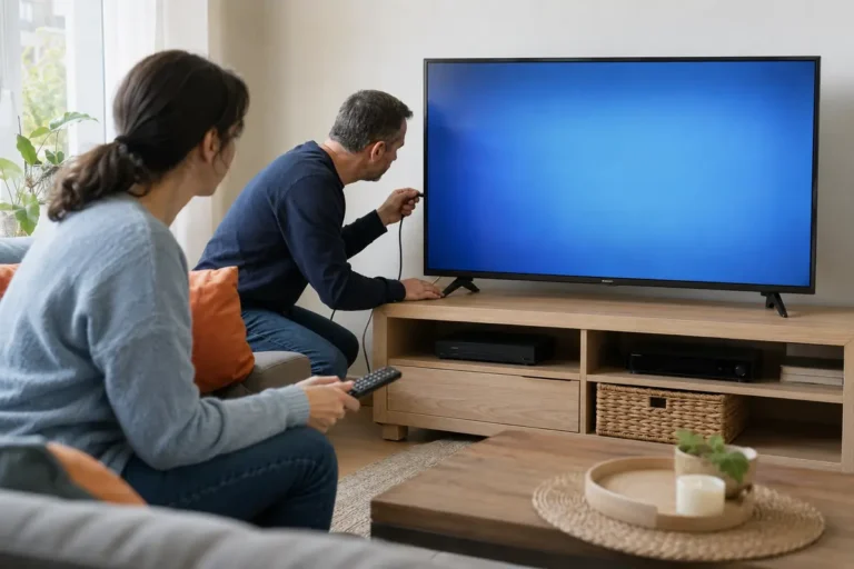 Couple vérifiant le câble d’antenne d’une télévision non programmée.