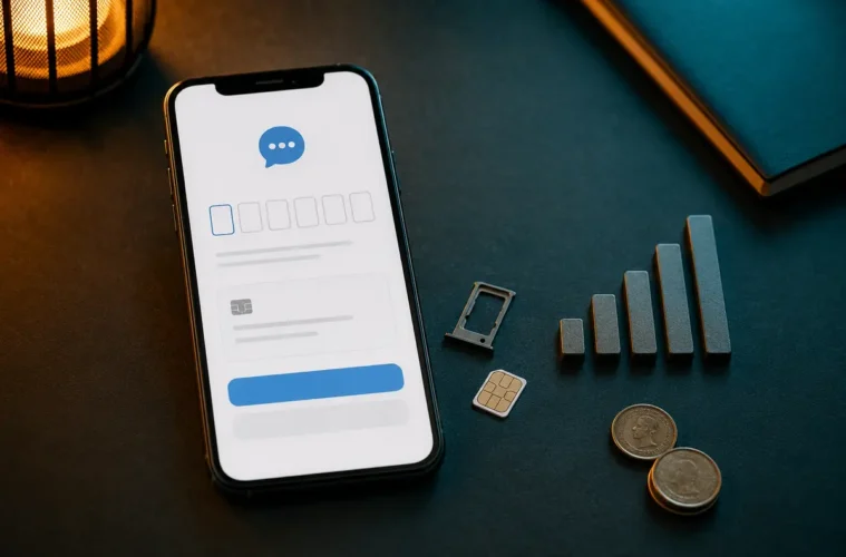 Smartphone affichant une vérification par SMS à côté d’une carte SIM