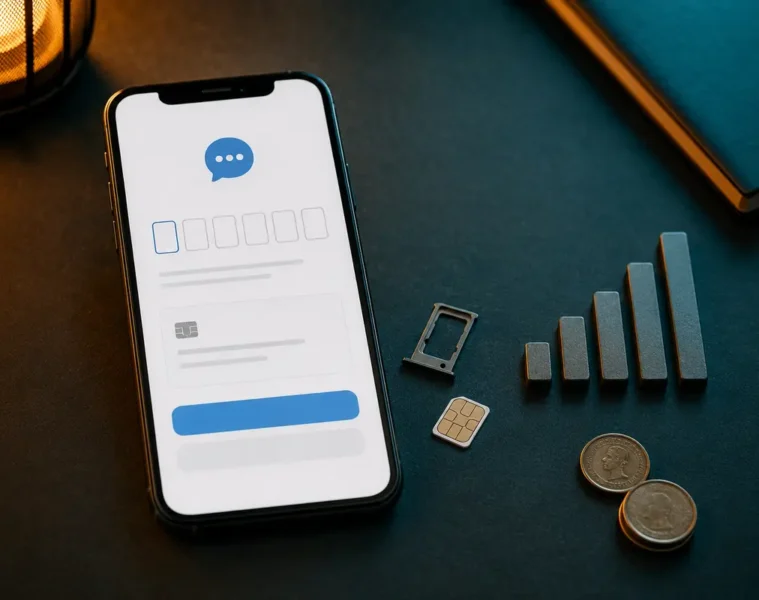 Smartphone affichant une vérification par SMS à côté d’une carte SIM