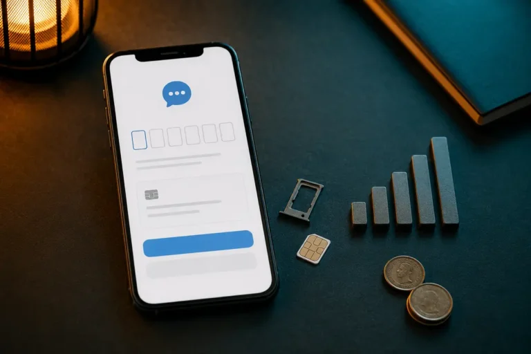 Smartphone affichant une vérification par SMS à côté d’une carte SIM