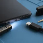 Port USB-C de téléphone inspecté près d’un câble et d’une petite brosse