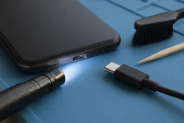 Port USB-C de téléphone inspecté près d’un câble et d’une petite brosse