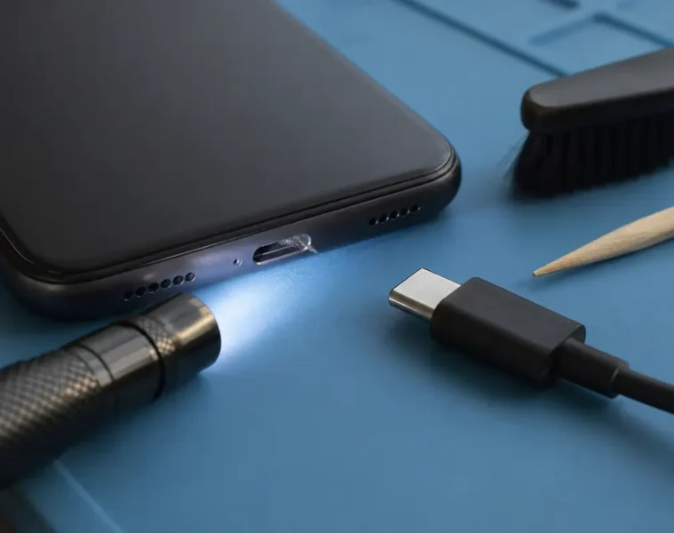 Port USB-C de téléphone inspecté près d’un câble et d’une petite brosse