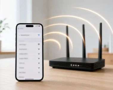 Téléphone affichant des réseaux sans fil devant un routeur Wi-Fi