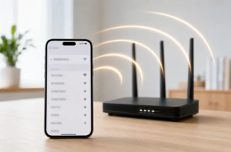 Téléphone affichant des réseaux sans fil devant un routeur Wi-Fi