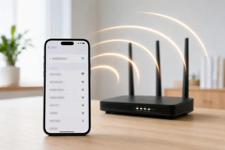 Téléphone affichant des réseaux sans fil devant un routeur Wi-Fi