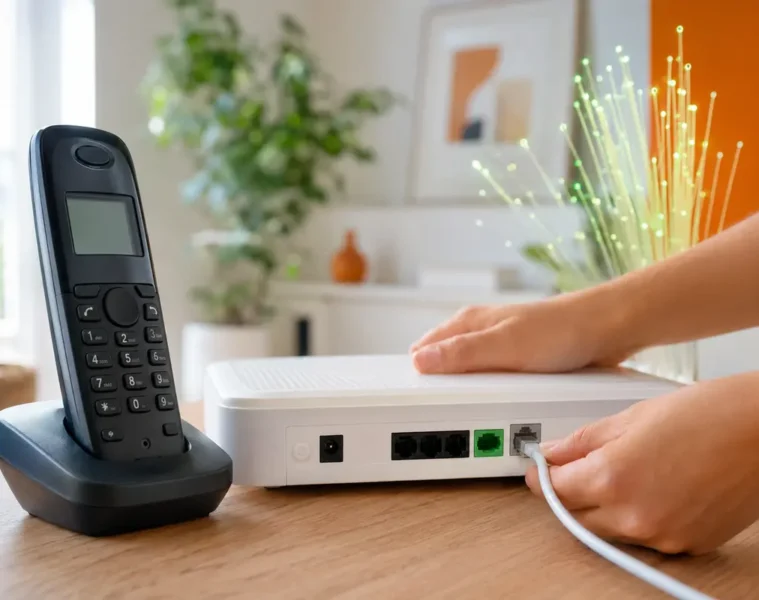 Téléphone fixe raccordé au port téléphonique d’une box fibre