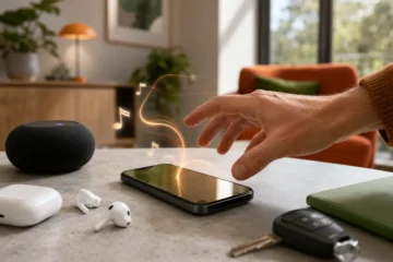 Téléphone lançant de la musique près d’écouteurs et d’un appareil Bluetooth