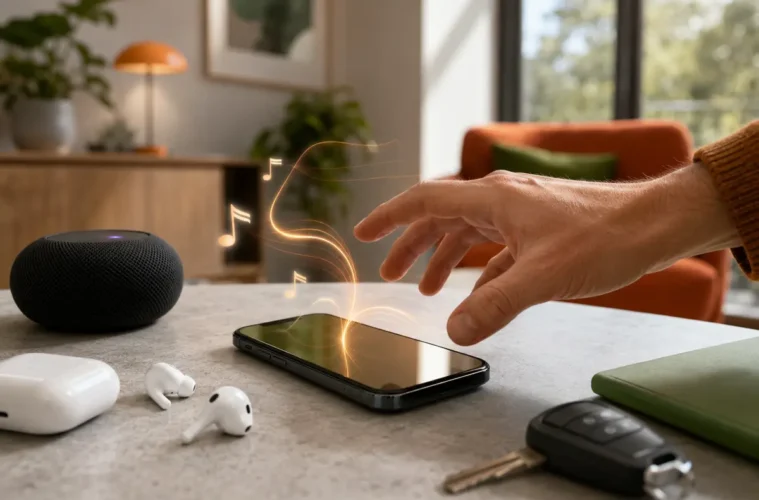 Téléphone lançant de la musique près d’écouteurs et d’un appareil Bluetooth