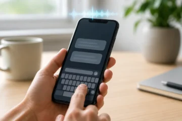 Main écrivant sur le clavier d’un téléphone qui émet un retour vocal