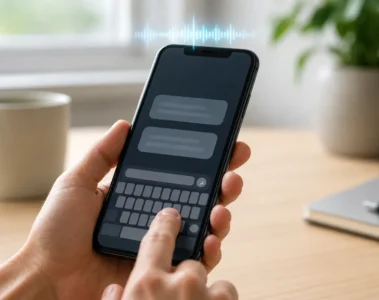 Main écrivant sur le clavier d’un téléphone qui émet un retour vocal
