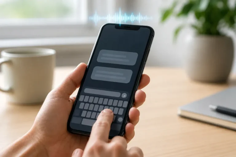 Main écrivant sur le clavier d’un téléphone qui émet un retour vocal