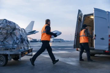 Coursier transférant rapidement un colis depuis le fret aérien vers une camionnette.