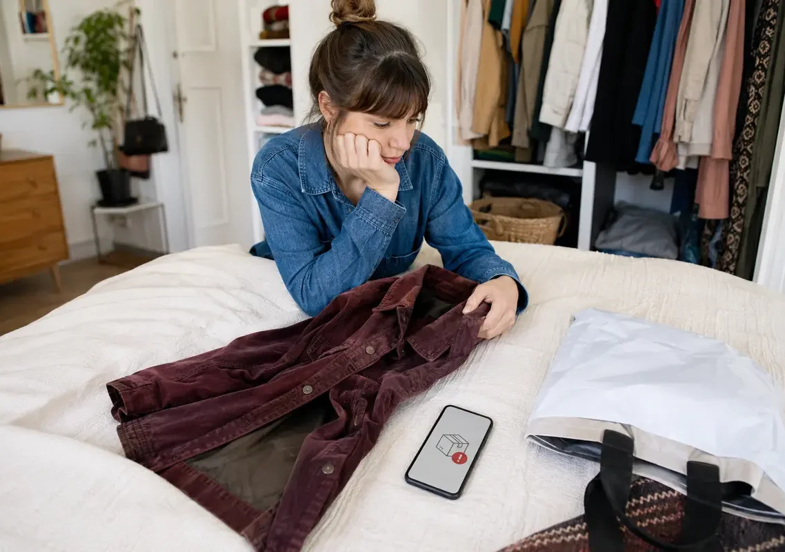 Vendeuse interrompant l’emballage d’une veste après l’échec de la vente.