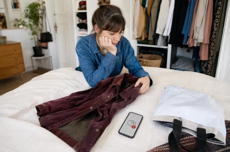 Vendeuse interrompant l’emballage d’une veste après l’échec de la vente.