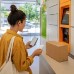 Vendeuse vérifiant son téléphone et son reçu après le dépôt d’un colis