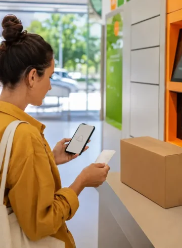 Vendeuse vérifiant son téléphone et son reçu après le dépôt d’un colis