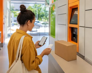 Vendeuse vérifiant son téléphone et son reçu après le dépôt d’un colis