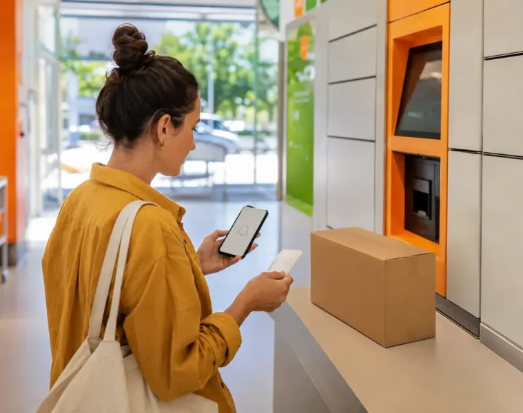 Vendeuse vérifiant son téléphone et son reçu après le dépôt d’un colis