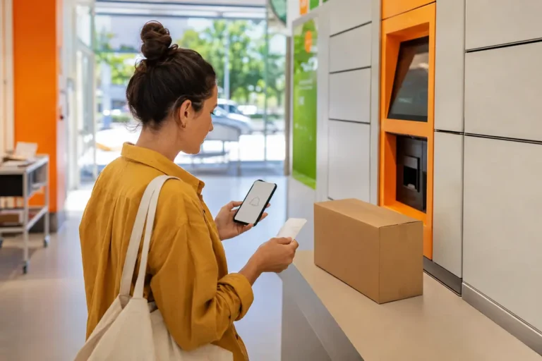 Vendeuse vérifiant son téléphone et son reçu après le dépôt d’un colis
