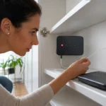 Femme vérifiant le câble fibre devant le voyant rouge du boîtier optique.