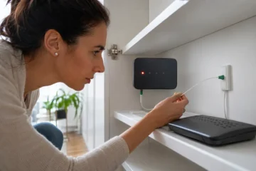 Femme vérifiant le câble fibre devant le voyant rouge du boîtier optique.