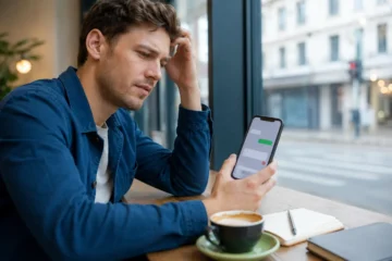 Homme confronté à l’envoi impossible d’un message vide sur son téléphone.
