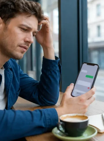 Homme confronté à l’envoi impossible d’un message vide sur son téléphone.