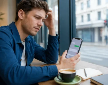 Homme confronté à l’envoi impossible d’un message vide sur son téléphone.