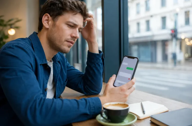 Homme confronté à l’envoi impossible d’un message vide sur son téléphone.
