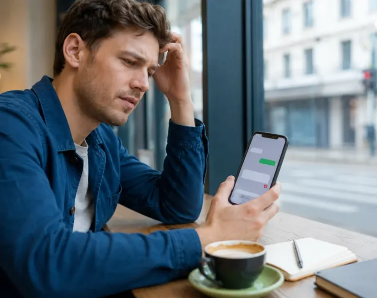 Homme confronté à l’envoi impossible d’un message vide sur son téléphone.
