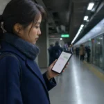 Pourquoi WhatsApp affiche « Recherche de nouveaux messages » ? Voyageuse attendant le chargement de nouveaux messages sur un quai de métro.