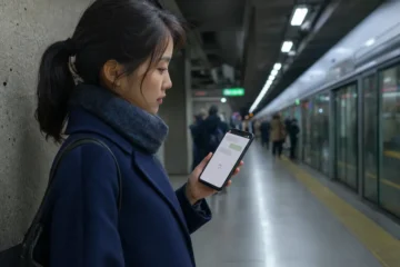 Voyageuse attendant le chargement de nouveaux messages sur un quai de métro.