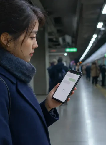 Voyageuse attendant le chargement de nouveaux messages sur un quai de métro.
