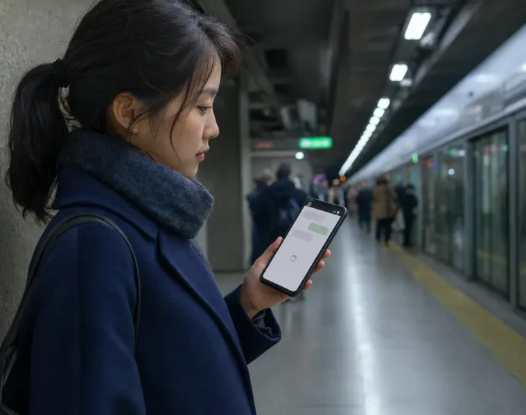 Voyageuse attendant le chargement de nouveaux messages sur un quai de métro.